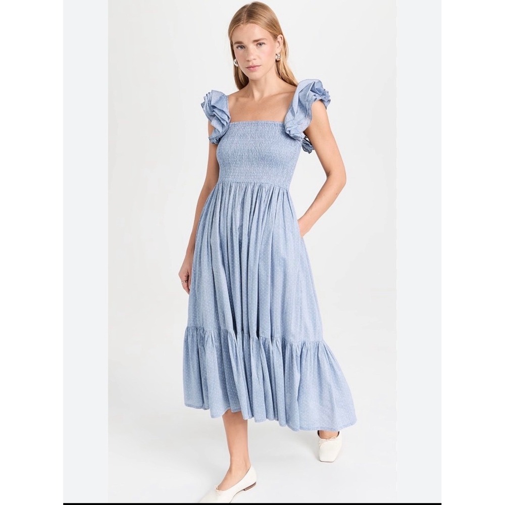 Mille Olympia Dress Chambray Polka Dot Blue Smocked Ruffle Maxi‎ XS NWT